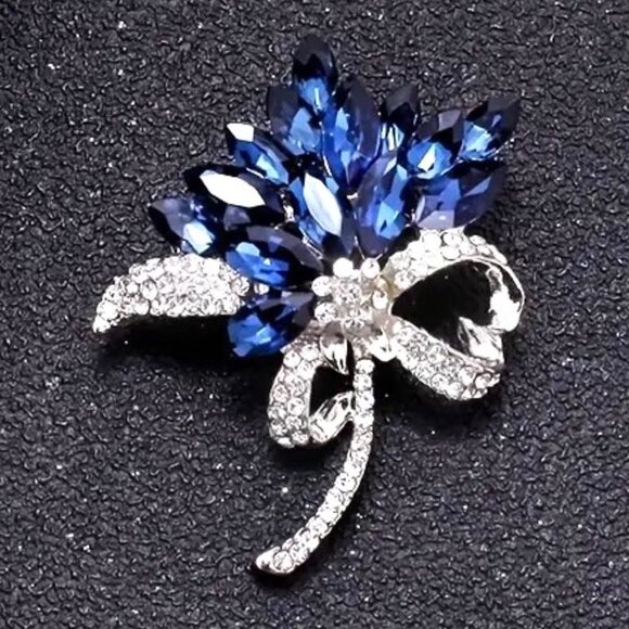 Flower Brooch Sapphire Blue Rhinestone Bouquet Bow Pin Sparkle Glam Elegant - Picture 3 of 4
